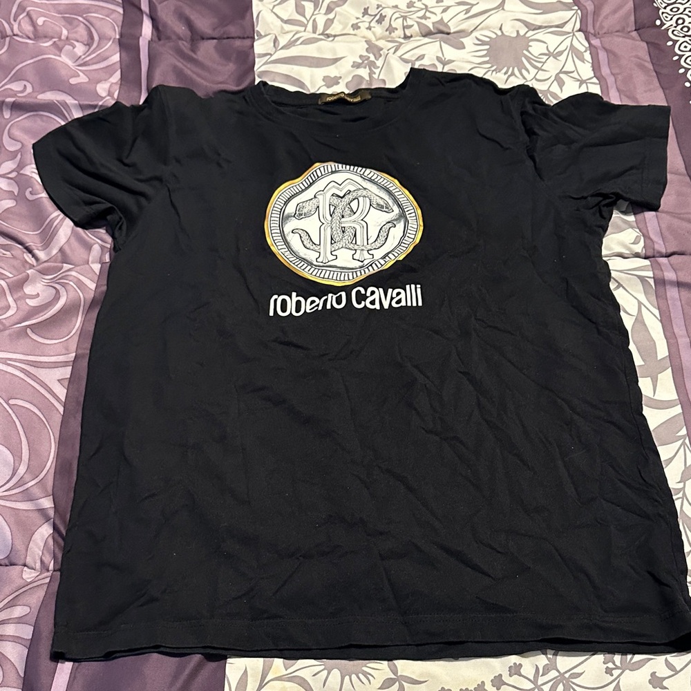 Roberto Cavalli Black Short-Sleeve Tee with Gold Trim Logo